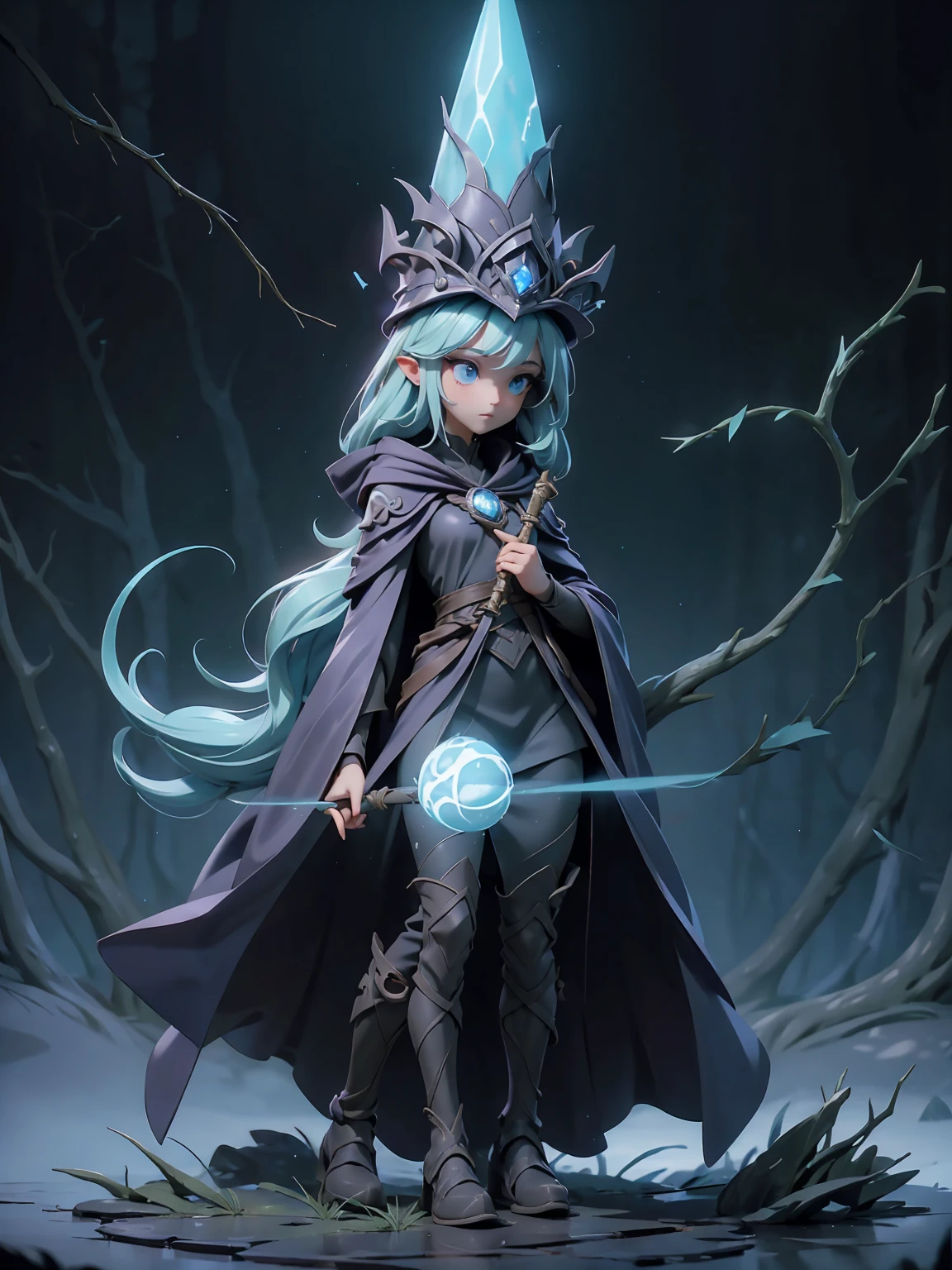 ((full body shot)) of a girl in a dark hooded cloak and a mage hat, standing in a completely dark environment. She is holding a glowing orb of energy in her hands, which emits a soft, ethereal light. Surrounding her are numerous small lights in shades of {blue|purple}, casting a faint glow similar to candlelight. The only illumination comes from the orb and the particles around her. The atmosphere is {mysterious|otherworldly}, with a misty haze drifting around her feet. The ground beneath her is reflective, creating a mirrored effect that adds to the surreal ambiance. Subtle textures of ancient, worn stones and creeping vines can be seen in the background, hinting at a hidden, mystical place. The scene is quiet and enigmatic, with the girl's face partially obscured by the hood, her eyes focused intently on the luminous orb. She holds an intricately designed staff made of wood with metallic parts and embedded jewels.

[Best quality], [Masterpiece], [Ultra-detailed], [4k], {serene|intense} atmosphere, {mystical forest|ancient ruins}, {dynamic pose|relaxed pose}, complete darkness, {soft shadows|dramatic lighting}, {reflected light on the ground:0.7}, {misty haze:0.6}, {glowing plants:0.5}, {creeping vines:0.4}, {ancient stones:0.3}.


