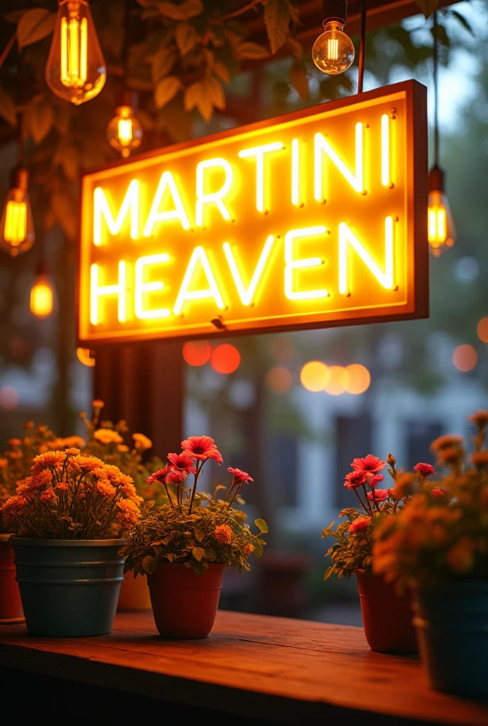 Create a logo for a bar with a LED sign that reads MARTINI HEAVEN, with flower pots and vintage lights, with the environment in pastel shades of yellow, pink and blue and the yellowish sign