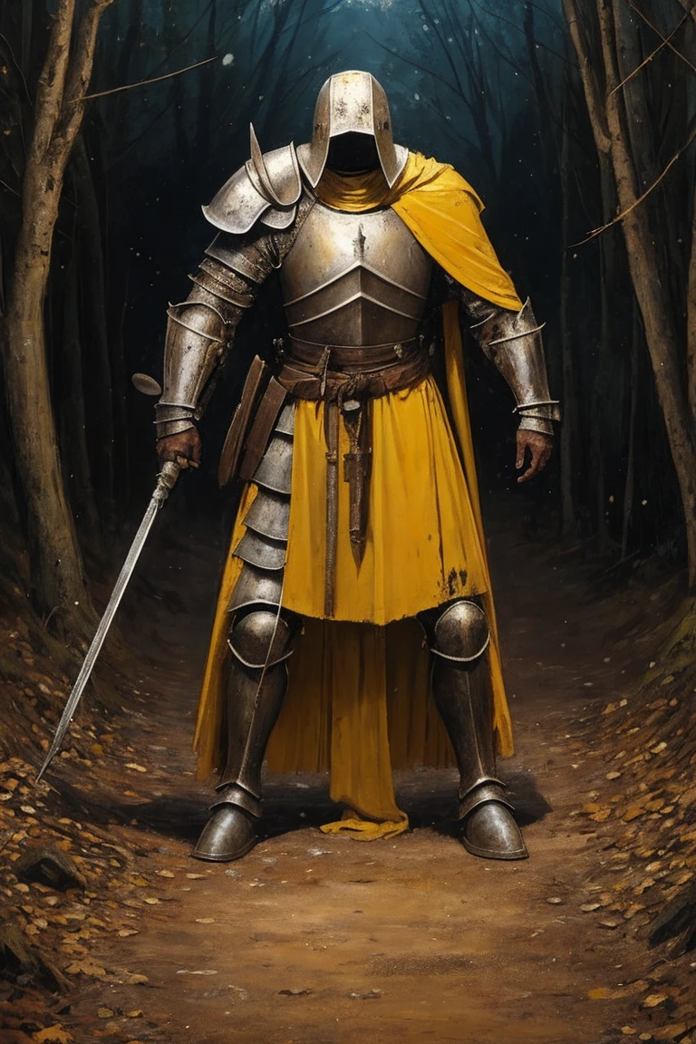 a painting of a cowering man, broad, arms and legs wrapped in yellowing bandages, skin hidden behind dirty medieval knight armor, bandages covered in dried blood and puss, disgusting, sitting on the floor, arms resting on knees, head hung low between legs, distraught, in pain, old bandages, mended armor over torso, mended knight, dirty armor, scratches all over his armor, mended metal chest armor, old art, in a forest veiled in darkness, yellow leaf, nighttime, eerie scene, dark forest