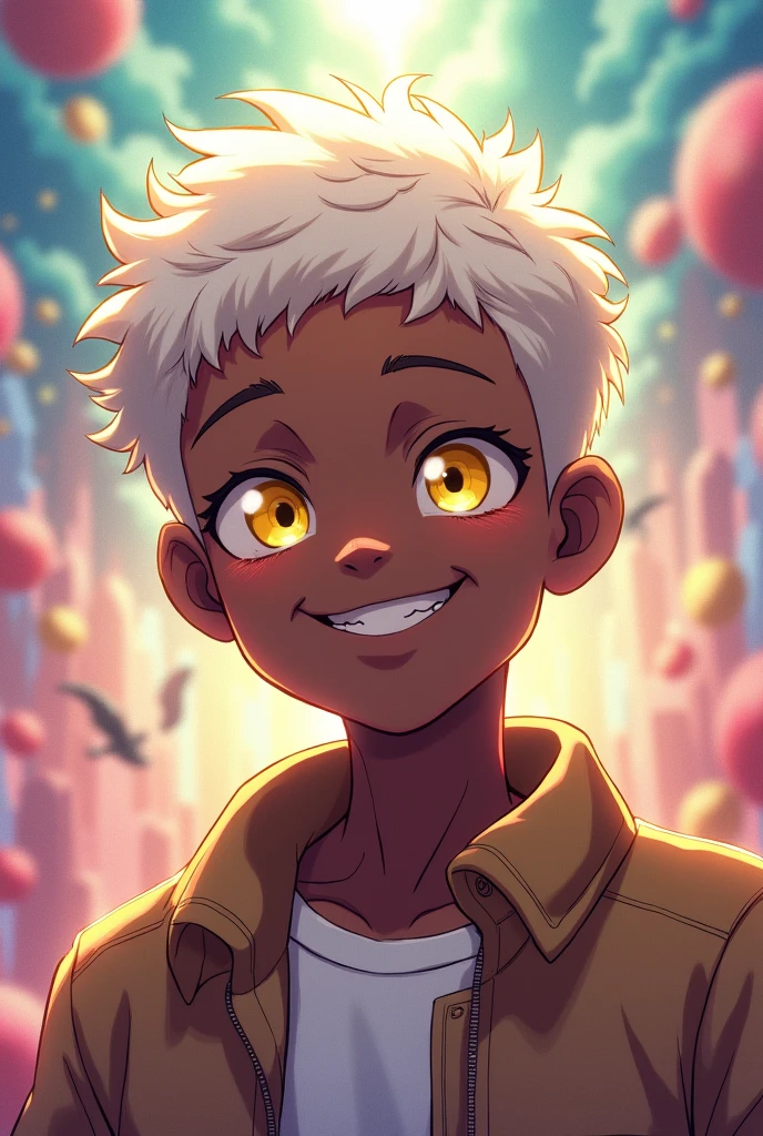 Black man with short, straight white hair, yellow eyes and an anime-style smile 