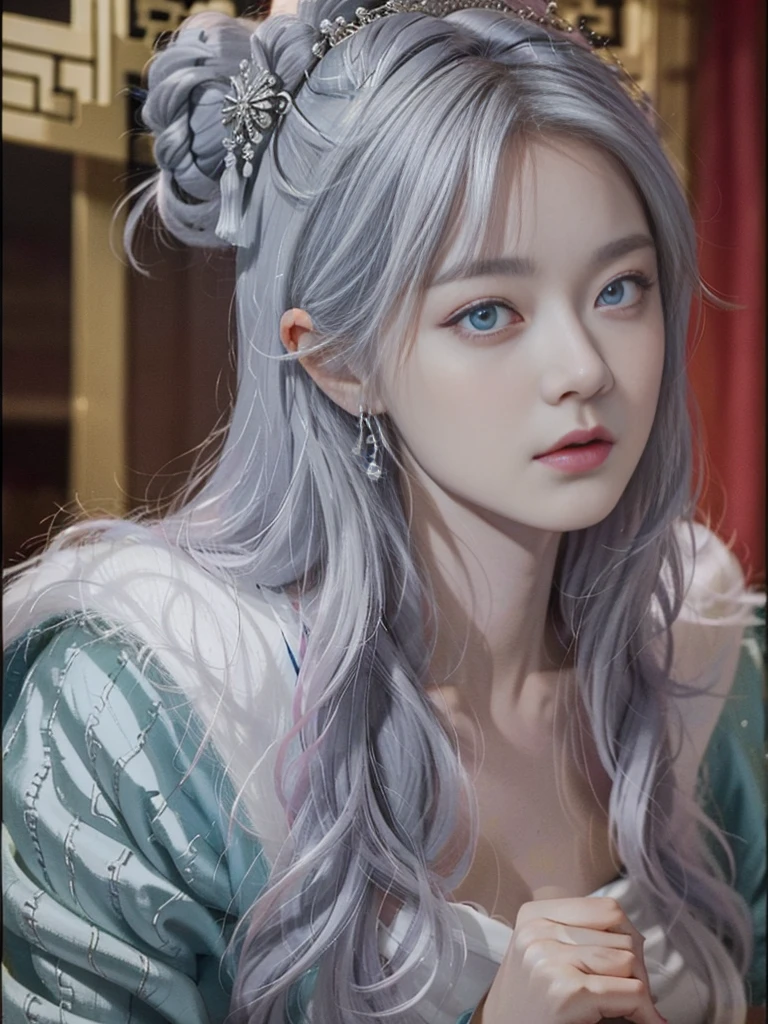 Masterpiece, Excellent, Chinese Imperial Palace, Chinese Style, Ancient China, 1 Woman, Mature Woman, Silver-White Long-Haired Woman, Gray-Blue Eyes, Pale Pink Lips, Cold, Serious, Effeminate, Bangs,