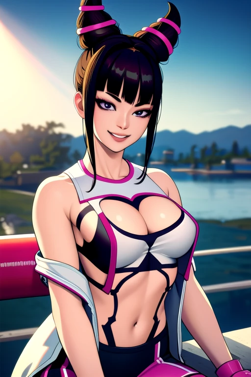 best quality, high quality, ultra quality, 8k, masterpiece, detailed, extremely detailed, insanely detailed, ultra detailed, ultra highres ,exquisite, lifelike Images,cinematic experience,UHD picture,Realistic,photorealistic,hyperrealistic,vivid,RAW photo,shot by DSLR, riding a bike, Juri Han,riding a bike, white baggy chaps, white jacket with cut off sleeves, midriff, cleavage,  sexy smile, sexy scene, music video