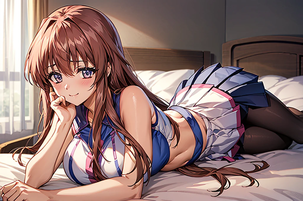 Anime illustration, Aoikan, (1 personで, 1 person), (cheerleader:1.3), (pleated skirt:1.3),(stripe crop top:1.2), sleeveless shirt, large breasts, miniskirt, It's not a tennis uniform., It's not a leotard., Not a swimsuit, blush, Mouth open, ((smile, Lying in bed with their mouth open), Looking at the audience, Pink Bed, hands on own chin),Asymmetrical bangs, Perfect Proportions, cute, (upper body:1.1), (Accurate fingertips, Browse 4, Thumb 1),