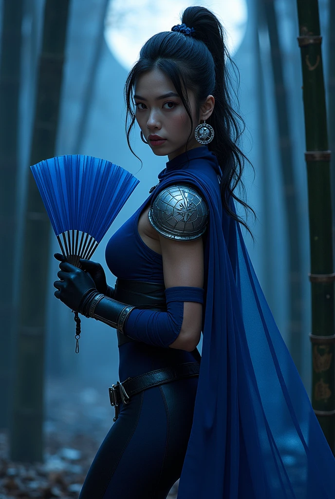 Kitana wears dark blue and has Japanese eyes, she wears large earrings and is a ninja, her weapons are blue fans, silver shoulder pads , a blue cape , blue gloves and fingernails wears blue mask 
