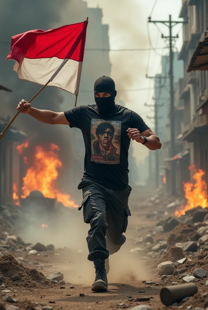 (photorealism:1.2), ungman(wearing black printing t-shirts and black army cargopants) with a mask, running while carrying the indonesian flag in the chaos city, and the other hand is pointing to the enemy, dust and rocks, war conflict, flames and destroyed buildings etc.