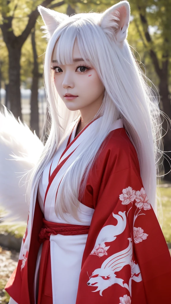 White Demon Fox、Nine-tailed Fox、Japanese women、kimono、Fair skin、Red lines on face、8K、I have long hair