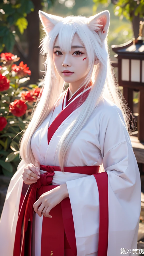 White Demon Fox、Nine-tailed Fox、Japanese women、kimono、Fair skin、Red lines on face、8K、I have long hair