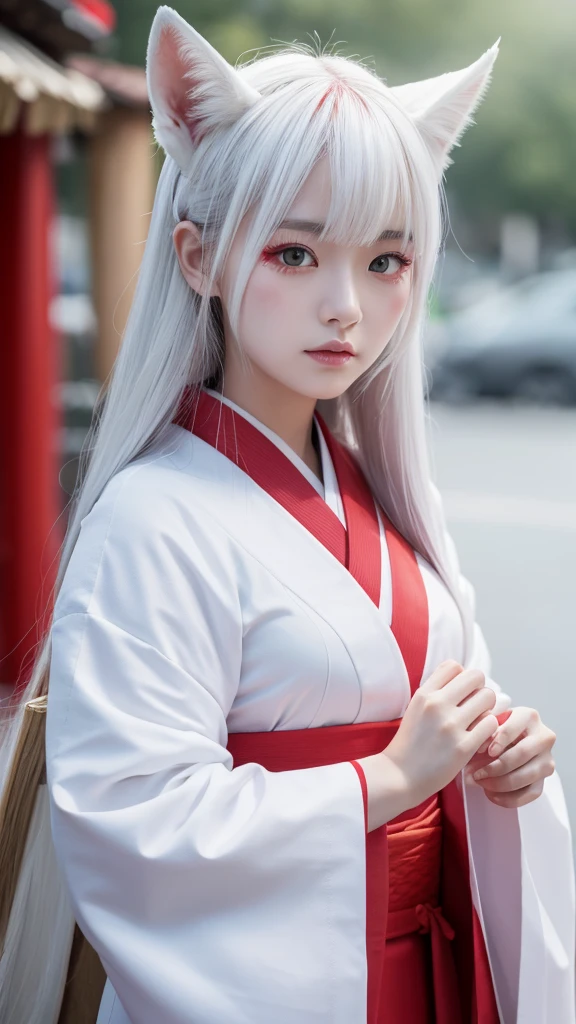 White Demon Fox、Nine-tailed Fox、Japanese women、kimono、Fair skin、Red lines on face、8K、I have long hair