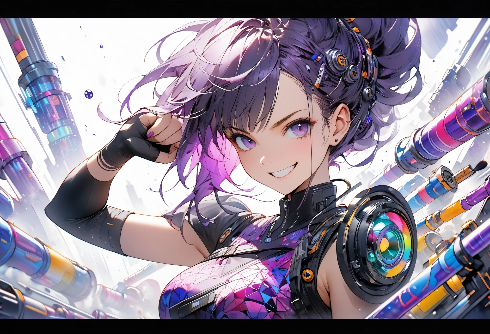 One woman,A hand with a fist raised,Smiling,Angry,Exquisite illustrations in a highly imaginative cyberpunk surrealist art style,Tubes connected to external machines, Stylish watercolor purple pattern on a white background, Brush Blur Effect,( high quality, High precision, 4K, 8k:1.5), Super detailed.Physically Based Rendering,Ultra-fine painting,Cinema Lighting, Sharp focus, Bright colors, Professional shooting resolution,Award-winning