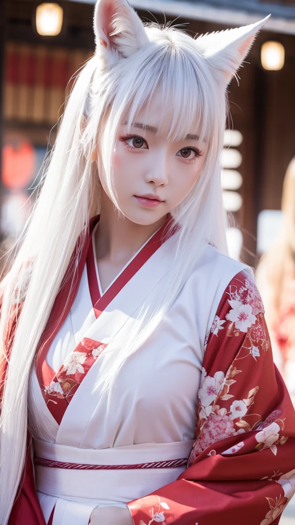 White Demon Fox、Nine-tailed Fox、Japanese women、kimono、Fair skin、Red lines on face、8K、I have long hair