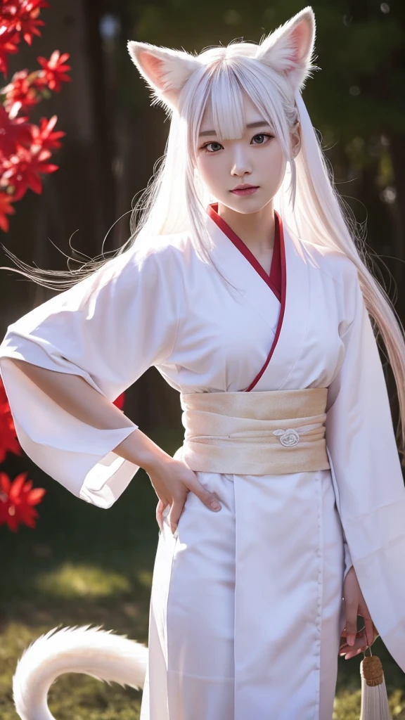 White Demon Fox、Nine-tailed Fox、Japanese women、kimono、Fair skin、Red lines on face、8K、I have long hair
