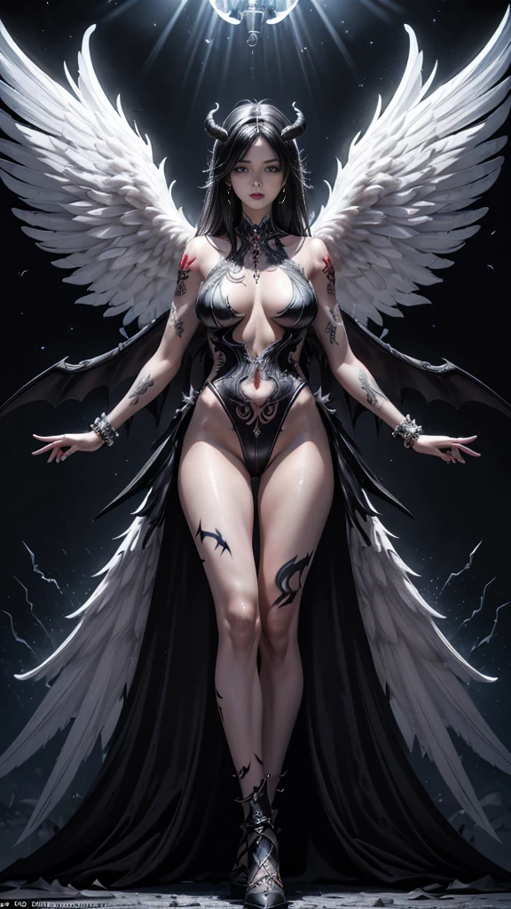 ((Perfect dynamic composition:1.7, Detailed tattoos all over the body:1.6, Wear exquisite jewelry:1.6)), Highly detailed skin and facial features:1.3, Details of the limbs, wings on shoulder, Angel wings and devil wings, white wings and black wings, (Realistic picture, highest resolution, 16ก), (A demon god with wide wings and enormous power on his shoulders..., Twelve wings on the shoulders., black bat wings:1.3 white angel wings:1.5), 6 angel wings, 6 devil wings, (Beautiful girl with two meter long hair, shiny black hairงาม, Smooth white skin, Lips are very red.), ((stand, already)), (big breasts, หัวBig tits), (gigantic breast, breast augmentation, Breast 400 cc., small waist, hips raised, small thighs, Long legs), (dynamic poses), (Armor that slightly conceals the body), Separate theme, (Angel wings and devil wings), floating in the air above the groundดิน, background darkness, Embraced with twelve wings, The horns that grow from the head are like a crown., He who has light, wears little armor, There is power coming out of the body., sparkling wings, white light black light, amazing wings, beautiful gesture, 8K resolution, Resolution 4000 x 2250 pixels, beautiful gesture, Angel wings and devil wings, (Realistic picture, highest resolution, 16K), (A demon god with wide wings and enormous power on his shoulders.., Twelve wings on the shoulders., black bat wings:1.3 white angel wings:1.5), Angel wings and devil wings, white wings and black wings,, Have wings 100 Have wings 1000, Angel wings and bat wings, wings inserted between wings, 12 wings, 6 angel wings, 6 bat wings, Angel wings and devil wings, white wings and black wings,, (Beautiful girl with two meter long hair, shiny black hair, Smooth white skin, Lips are very red.), very long hair, ((stand, toe)), (big breastsโต, หัวBig tits), (gigantic breast, small waist, hips raised, small thighs, Long legs), (dynamic poses), (black and white leotard, There are beautiful patterns., Decorated with gold embroidery., Show off your chest), Separate theme, (Angel Wings and Demon Lord Wings), floating in the air above the ground, background darkness, Embraced with twelve wings, He is white and black., A rainbow glow on the back of the head, The most busty breasts, Big tits, universe backdrop, dynamic gesture, Drive the skin, Smooth white skin, (The wings are in layers, alternating with white, alternating with black. The wings are alternating with layers of white, alternating with layers of black, and alternating again.), gold pattern set