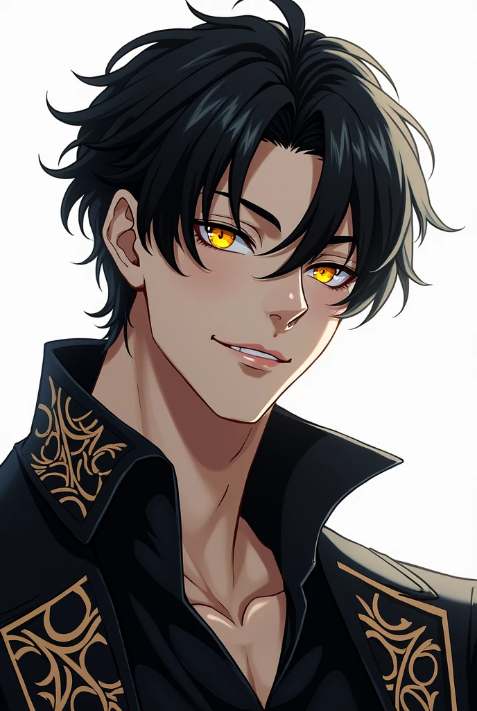<LORA:SGMORE_V5:0.5), (MASTERPIECE, TOP QUALITY,BEST QUALITY, OFFICIAL ART, BEAUTIFUL AND AESTHETIC:1.2), EXTREMELY DETAILED, HIGH QUALITY, HIGHRES, SMILE, UPPER BODY, LOOKING AT VIEWER, (1BOY:1.4), SOLO FOCUS, (MATURE MALE:1.4), (BLACK JACKET:1.2), INTRICATE DESIGN, HETEROCHROMIA, YELLOW EYES, (VERY DETAILED EYES:1.5), SHORT HAIR, BANGS, BLACK HAIR, HAIR BETWEEN EYES, (SHINY SKIN), WHITE BACKGROUND
