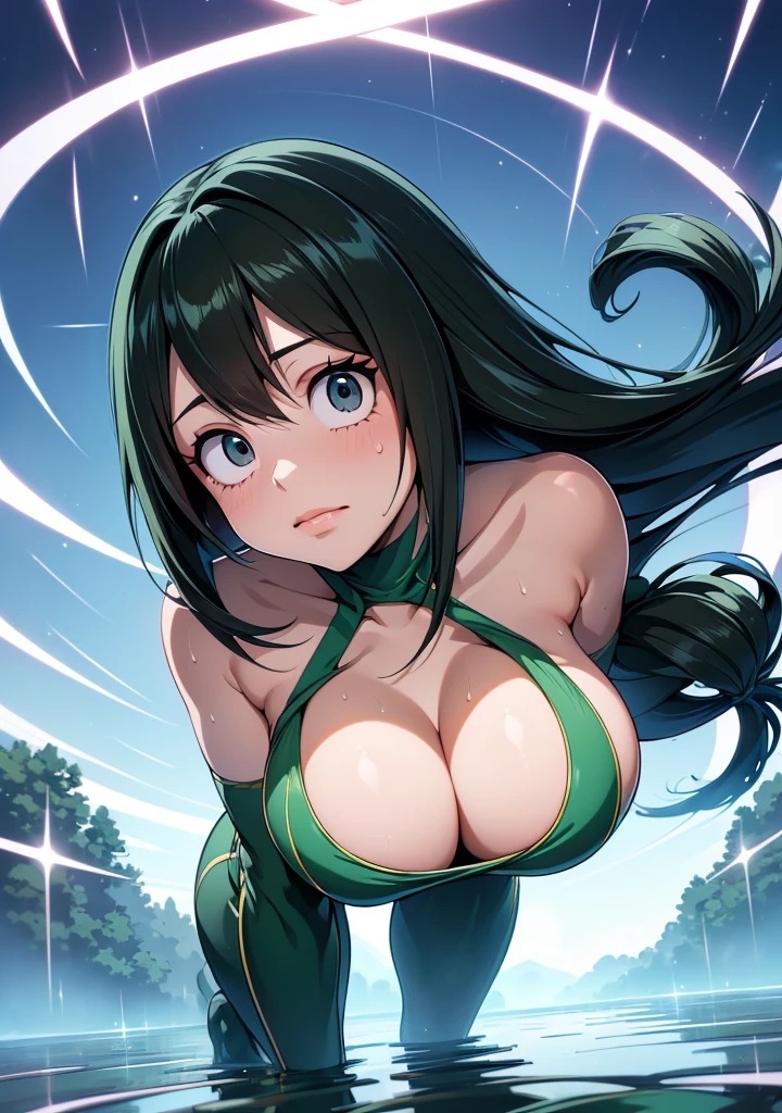 Best Quality,4k,high resolution,Masterpiece:1.2), (ultra detailed), (NSFW is not safe for artwork), (Tsuyu Asui) (My hero academia settings), (pose sexual), (realist,photorealist,fotorrealista:1.37), (High DefinitionR,High Definition), (portrait), (vivid colors), (long legs), (clearly elongated face), (broad) (Hermosos detailed eyes), (beautiful detailed lips), (extremely detailed eyes and face), bright eyes Dynamic angle and posture, soaked in sweat, perspiration, undressing (long eyelashes), (sharp focus), (Physically based representation), (unclothed), (big breasts) (legs open), (intense), (expression of intense desire), (motion blur), (elegant), (slim figure), (anime inspired), (bright lights), (sexual), (contrasting colors), (mysterious atmosphere), (action packed scene), (Unique style), (surprising), (elegant), (evocative), (expressive), (Intriguing atmosphere), (giant breasts:1.2) ((Best Quality)),((Very detailed)),Masterpiece,absurdities,detailed face,beautiful face,(detailed eyes, deep eyes),(1 girl),((dynamic pose)), erotic lingerie