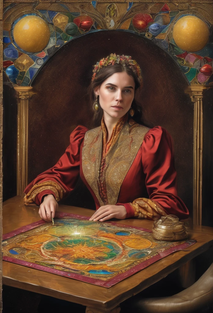Marie Anne lenormand, recrear nueva imagen o retrato de marie anne lenormand sentada frente a una mesa leyendo el oraculo lenormand oracle,Beautiful line art photo,Use gold strokes and rainbow paint,Golden Maiden,the golden ratio,Melted wax,Visible brush strokes,surrounded by crystal spheres,3D Mosaic Wireframe,neuroimaging,neurons,colours,California,intense emotion,Oil on canvas,Thick strokes,insanely details,8k ultra high definition,tmasterpiece,art stations,ultra-realistic realism,