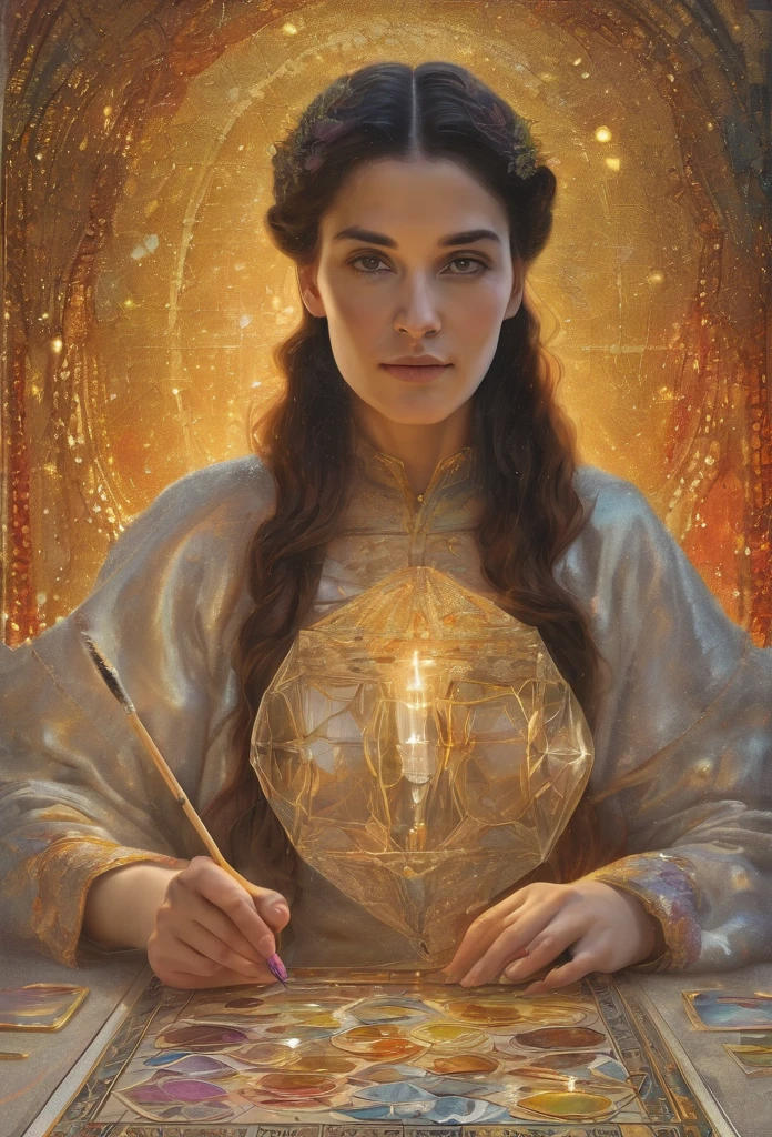 Marie Anne lenormand, recrear nueva imagen o retrato de marie anne lenormand sentada frente a una mesa leyendo el oraculo lenormand oracle,Beautiful line art photo,Use gold strokes and rainbow paint,Golden Maiden,the golden ratio,Melted wax,Visible brush strokes,surrounded by crystal spheres,3D Mosaic Wireframe,neuroimaging,neurons,colours,California,intense emotion,Oil on canvas,Thick strokes,insanely details,8k ultra high definition,tmasterpiece,art stations,ultra-realistic realism,