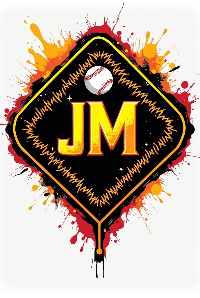 I want a logo for my baseball team, the team name is JM where the colors predominate, black, yellow and intense red prevail, its shape should be a baseball diamond and be eye-catching like those of the MLB, the name should prevail and the initial should be centered like that of the Houston Astros, its letter and background shape should have a softball, bat, and a baseball field and the seams of the baseball on the sides in transparent.