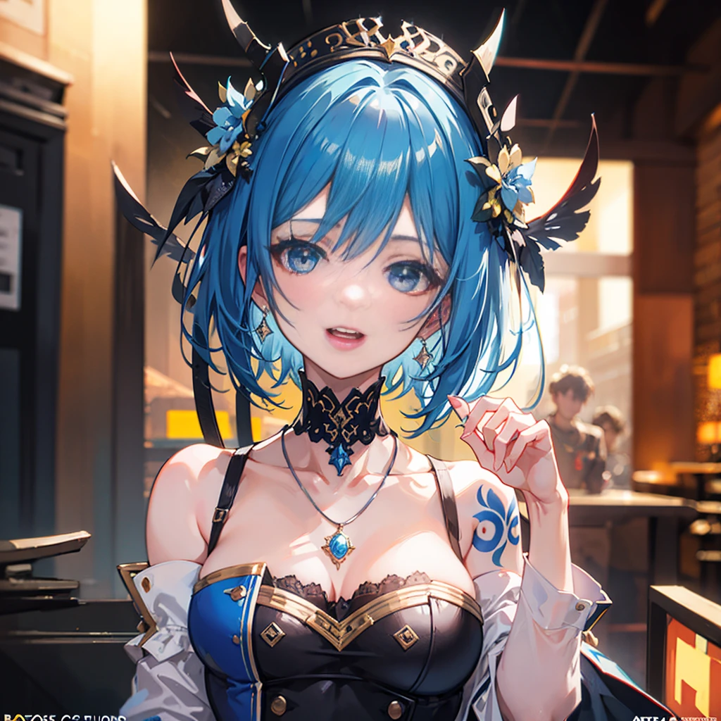 masterpiece, best quality, high quality, Very detailed CG uniform 8k wallpaper, 1 Girl, Solitary, Blue Hair, Tattoo, short hair, have, Jewelry, Smile, necklace, Looking at the audience, have, Practical, open mouth, teeth, Upper Body, Vest, nose, Bare shoulders, Artist Name, Black headdress, clavicle, arm Tattoo, blue eyes, Lips, Vague, painting, Award-winning photography, Bokeh, Depth of Field, HDR, bloom, Chromatic Aberration, realism, Very detailed, artstation intricate, High Detail, dramatic, midjourney&#39;s Artwork