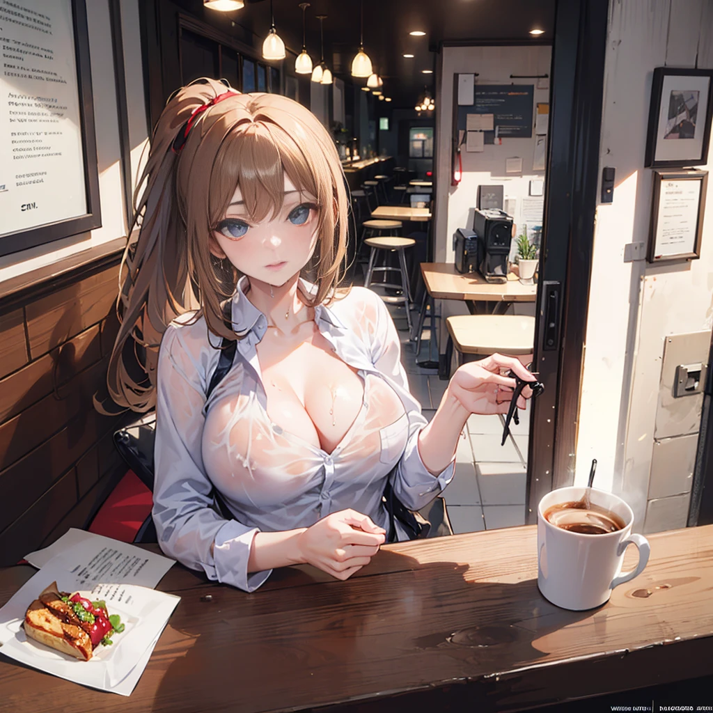 (perspective) A beautiful sexy brunette woman,Perfect 23-year-old secretary,Straight Hair,Ponytail,Oily and silky white skin (Wet) Fleshy lips, (photoPractical:photoPractical, 8k Masterpiece), Big in tight white shirt (Highlight the chest), Sitting at a restaurant table,Cup of coffee in hand (hyperPractical: Practical, Complex environment details), With a sexy expression on his face: (Professional photography of textures and environment with pure perfect lighting).