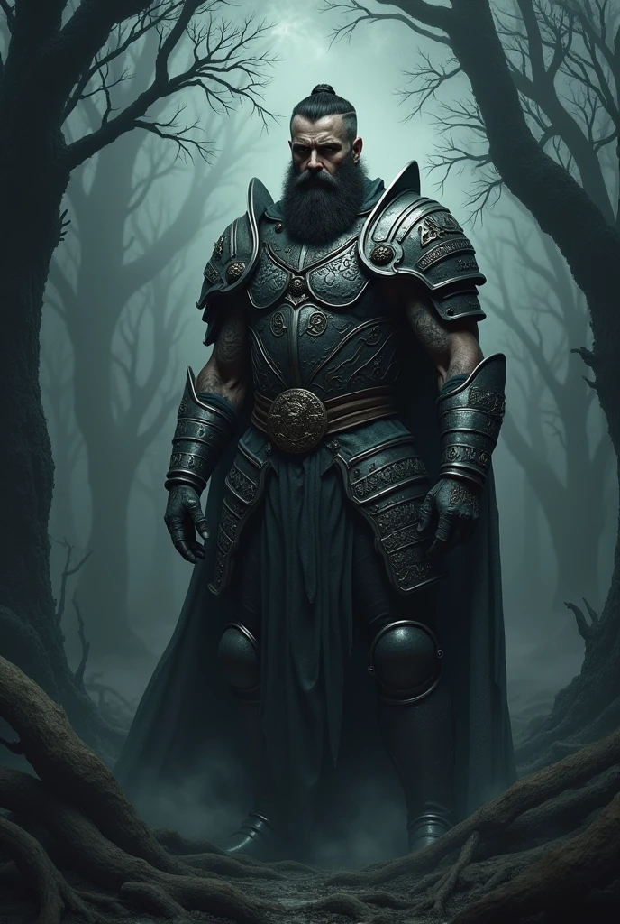 Tall warrior slightly scarred tattoos and small beard and full armor dark rpg