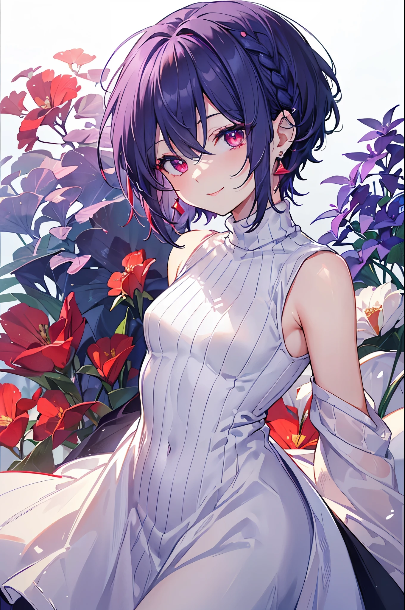{{masterpiece}}, The best quality of life, 超High resolution, Attention to detail, high quality, High resolution, 最high quality, 4K, 8k,Attention to detail,((short indigo hair、Deep blue short hair)Braided Hair) 、 Cute female, 、One woman、(((Crimson Eyes、Red eyes、Red　eyes、Beautiful attention to detail,Beautiful lip detail,A woman with beautiful eyes)))、Expressionless adult woman、((White background))、small but well-shaped breasts,、(((Light purple sleeveless turtleneck knit dress、Black tight tanding smiling、Cute Smile、Small earrings
