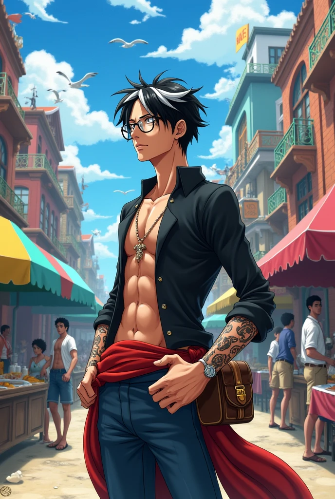 Create a male character in the One Piece anime style with black hair with a white streak and the character has been wearing glasses.