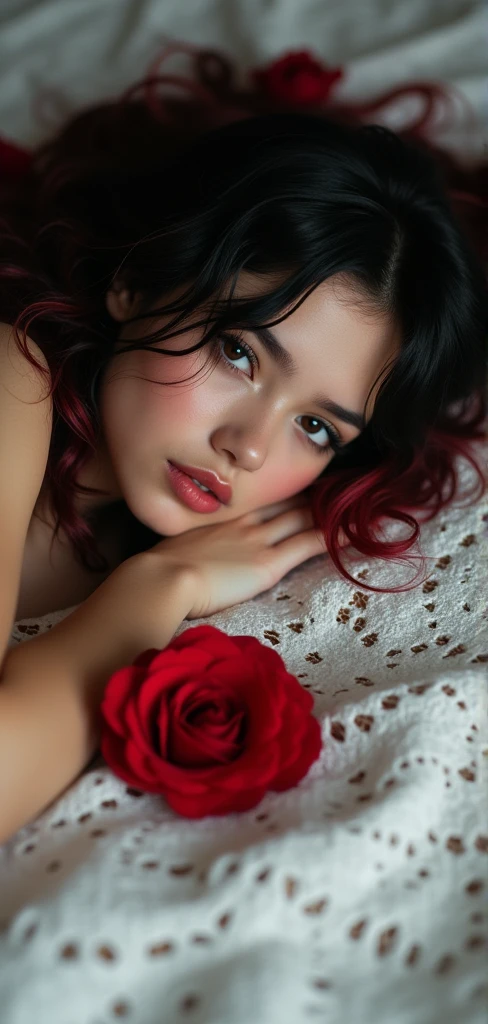 A photography show bratty girl lying on a bed covered with a white lace fabric ,red flower, close-up , (black hair with red streaks), (perfect face), beauty, (lying down) realistic, detailed, hd