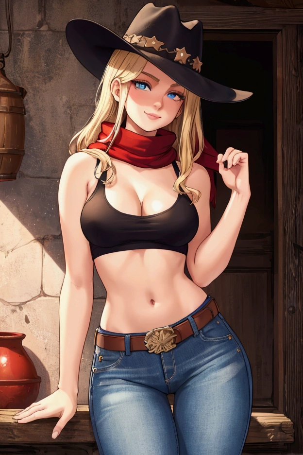 one girl, solo, 18-year-old blonde beauty, pale blue eyes, carefree demeanor, delicate frame, long blonde hair cascades down her back, her hair is framing her heart-shaped face, eyes hold a sparkle of excitement, wonderful smile, (perfect anatomy), perfect hands, perfect face, perfect eyes, cowboy hat, denim fringe detailing jeans, cowboy boots, cowboy hat, Concho belts, tucked in
black tank top, cleavage, red scarf, ((Seductive pose)) (cinematic lighting, perfect lighting), (cinematic angle), (vivid colors), very detailed. very high resolution, sunset, realism, farm, 1980s western setting