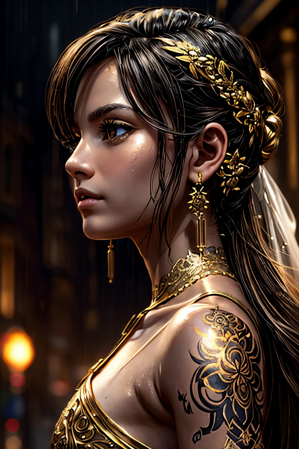 golden tattoos with a girl in the rain with gold earrings, im Stil von Vray Tracing, Then Martin, yuumei, cast, close up shot, Dark white and gold, Speedpainting, ​masterpiece, best quality,