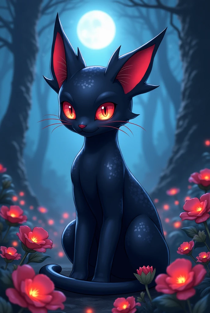 Anime-style art. Dark-type Pokémon cat based on a cat with scaly fur.