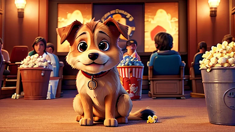 A dog sitting in a cinema with its arms crossed, detailed fur, extremely detailed facial features, cute expression, theater interior, comfortable chair, popcorn bucket, movie screen in background, realistic lighting, cinematic atmosphere, award-winning digital art, vibrant colors, highly detailed, 8K resolution, masterpiece