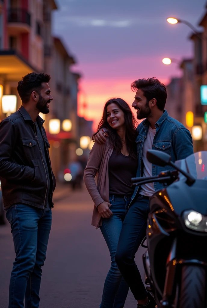 Create an image with two men,one talking to a woman laughing. The other man, 34 years old, is far away., by the white sitting on a black motorcycle,