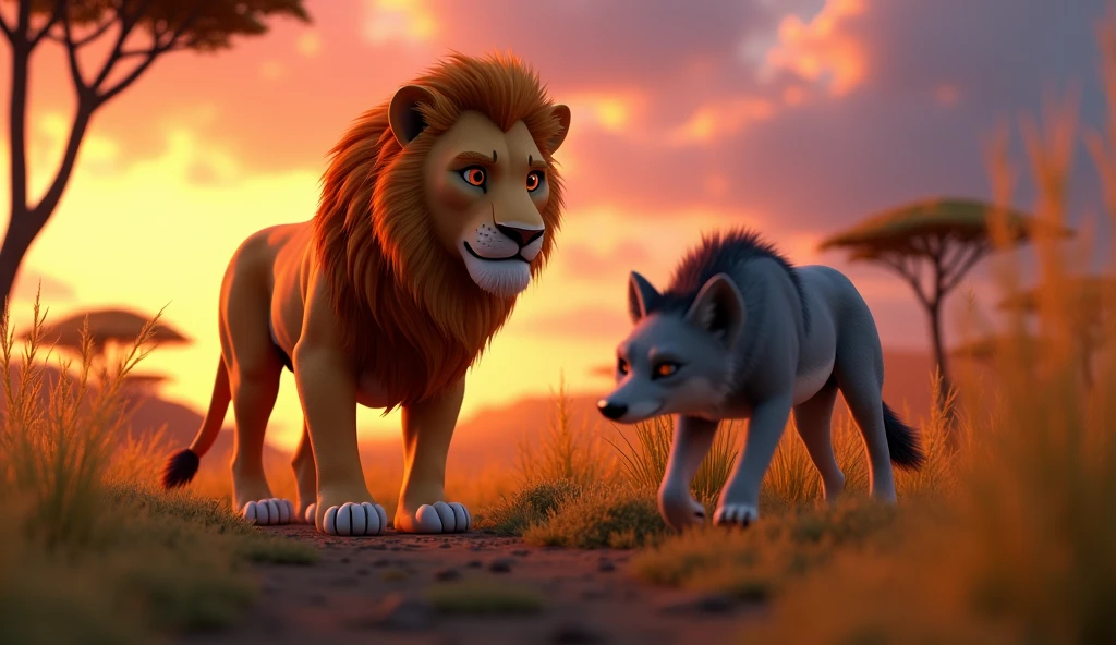 In 3d animation style " The lion standing by the trap, ready to capture the wolf.