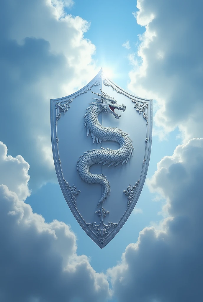 White shield, sky blue and silver, with a white-scaled dragon 
