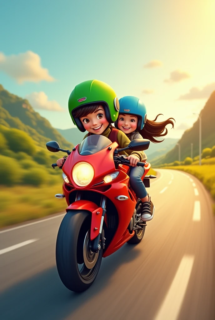 a boy and a girl traveling on a red motorcycle. The boy is driving the motorcycle. The boy has a green helmet. The girl has a blue helmet. the girl has long black hair. the motorcycle moves from left to right of the image