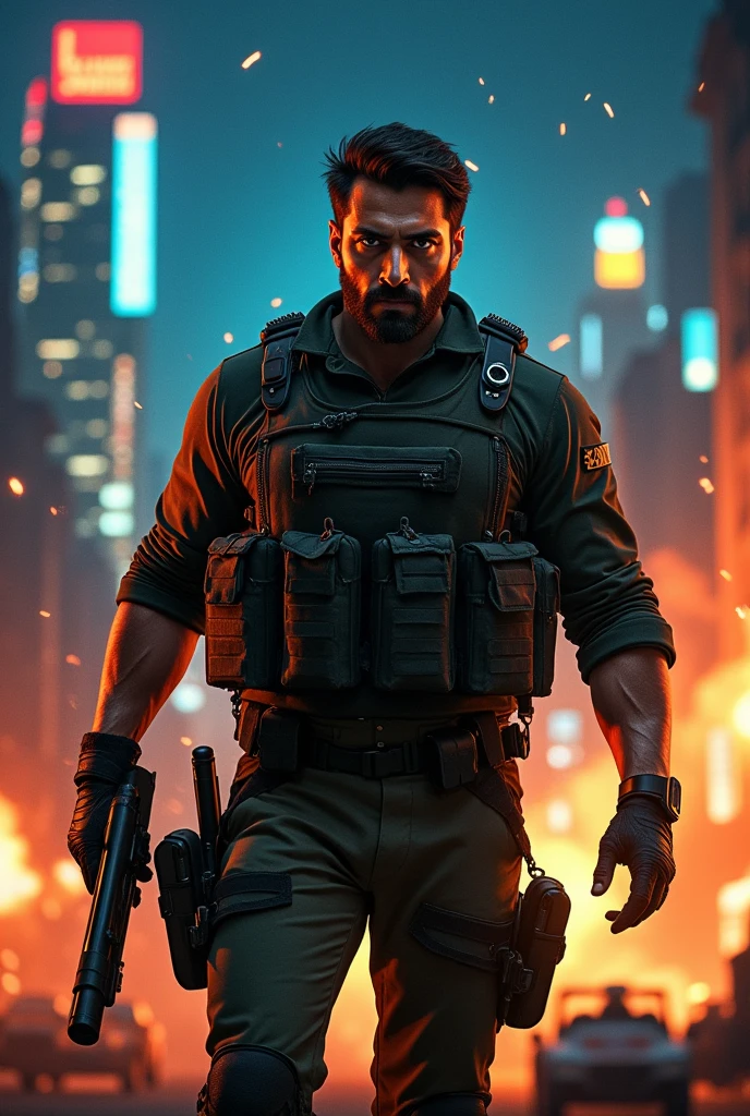 Title: Sena Ke Badshah
Tagline: "Ek adami, ek mission, aur dushmanon ka khauf."
Visuals:
Background: Ek dramatic cityscape, jahan skyscrapers aur raat ke andhere mein roshniyaan chamak rahi hain. Background mein kuch explosions aur action sequences bhi dikhaye ja sakte hain.