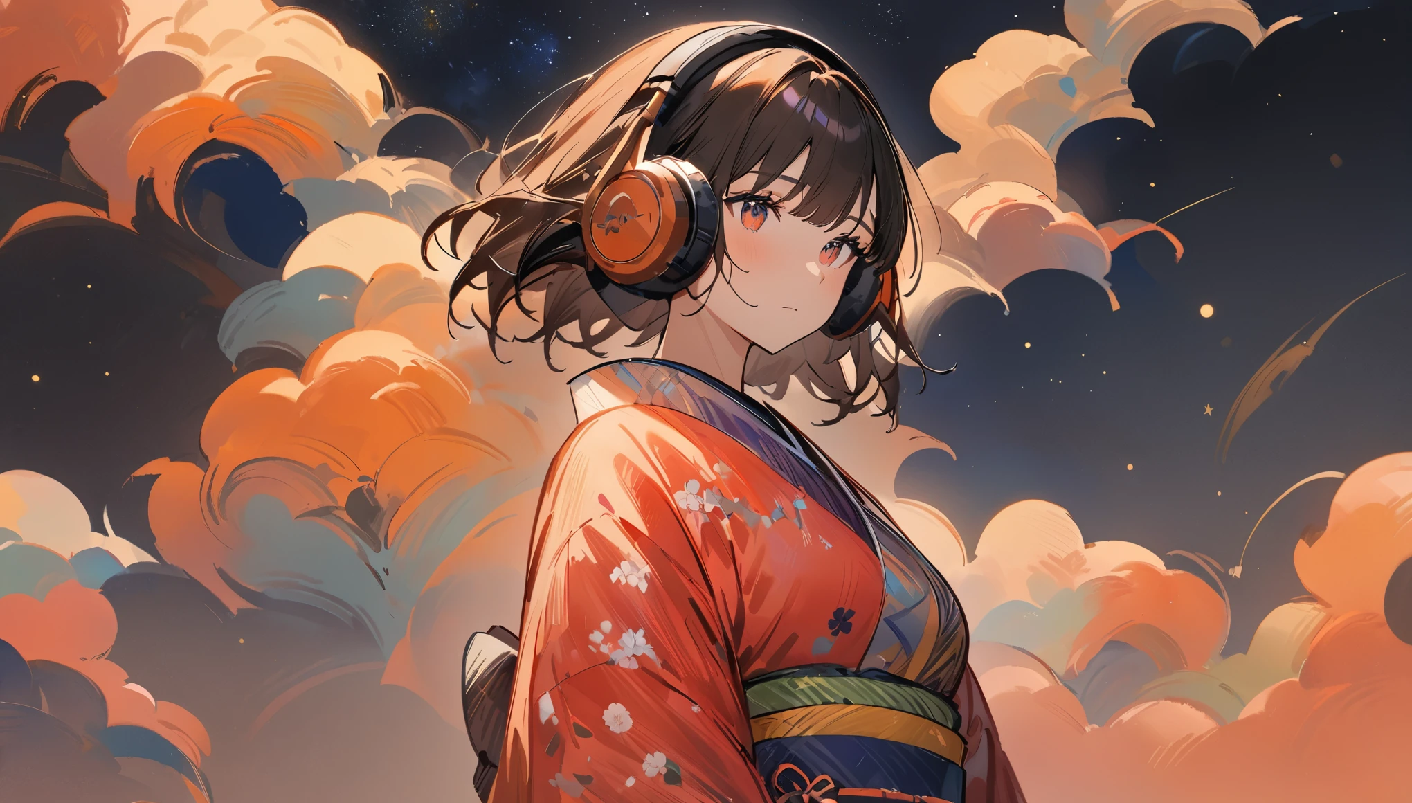(((simple configuration))), (((The background is starry sky:1.2))), one girl, perfect anatomy, painterly, sketch, very delicate, wall with cloud-like pattern, Floral, delicate depiction, abstract, Bright colors overall, Gentle color, kimono, Taisho romance, (masterpiece, highest quality, highest quality, official art, beautiful:1.2), ((headphones)),