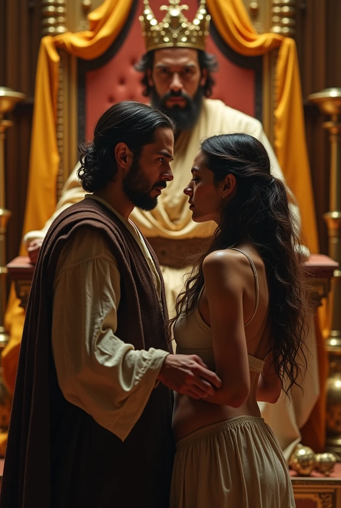Magnificent detail, 8K Photos, hyper- realism, realistic background, visual depth, wide angle lens, professional lighting, foto pov rey. Photo taken behind the throne. {LnF [rey] looking ahead a couple composed of a [naughty man] A peasant and a [Woman] pobres que estão lado a lado, holding hand, virados de frente para o rey.} {or casal tem um [naughty man] dressed as a peasant, pobres, grimy, with an expression of sadness, desolated, looking at the floor.} {or [naughty man] turned towards [rey], está holding hand a sua [Woman], que está ao seu lado direyto.} {a [Woman] She is beautiful, pobres, messy hair armed. apesar da pobresza, a [Woman] She is very beautiful and attractive, his body has beautiful curves, delicious, mackerel.} {a [Woman] she's turned towards [rey], shedding a coat like an overcoat, showing off their sensual lingerie that partially shows breasts and groin.} {a [Woman] She has a sexually submissive expression.} {or [rey] She is 36 years old, bonitas, usa um manto típico de rey, wears a beautiful crown. He's sitting on the throne, adorned with gold, conveying an image of extreme power.} devotion. sensual photo. adult content.
