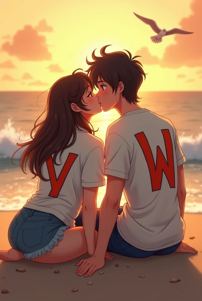 A woman and a man facing the camera, sitting next to the beach, kissing. Each of them wears a shirt showing the initials V and W. Vicky is white and the woman has the V on her shirt and the man has the W. The initials should be in anime style. Vicky has brown eyes and the woman has the initial V and the man has the W, one initial on each shirt. The woman should be a bit chubby.
