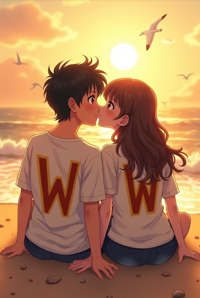 A woman and a man facing the camera, sitting next to the beach, kissing. Each of them wears a shirt showing the initials V and W. Vicky is white and the woman has the V on her shirt and the man has the W. The initials should be in anime style. Vicky has brown eyes and the woman has the initial V and the man has the W, one initial on each shirt. The woman should be a bit chubby.