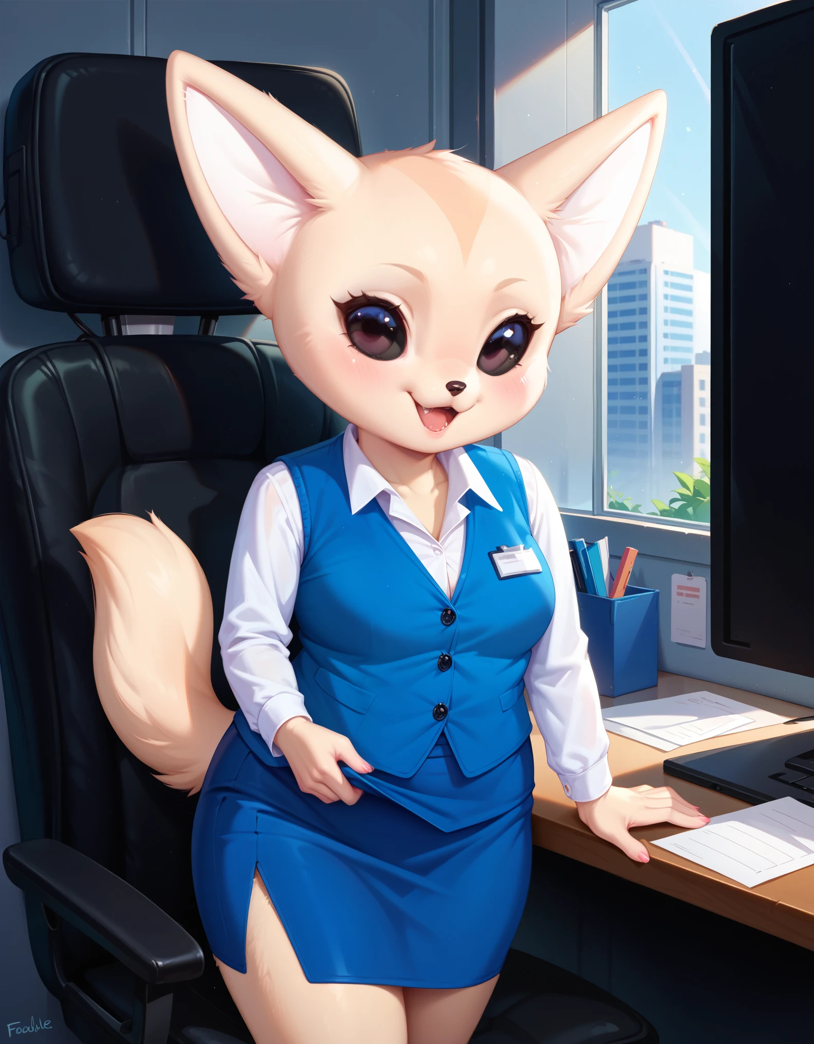 score_9, score_8_up, score_7_up, digital illustration, solo, anthro, (female, 1 female, fenneko), blue vest, white shirt, blue skirt, office outfit, in cubicle,