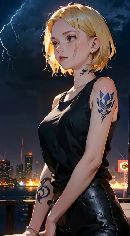 Young girl short hair, blonde hair,Short Women Hairstyle With Shaved Sides , black eyes, right Arm tattooed with thunder tattoos, black thunder tattoos, white tank shirt shirt, black letter pants, in a city, in a storm, Night, thunder in the sky, 4k, detailed body