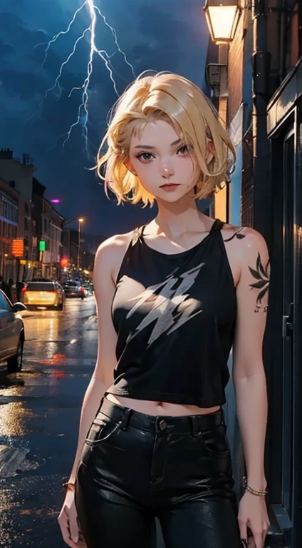 Young girl short hair, blonde hair,Short Women Hairstyle With Shaved Sides , black eyes, right Arm tattooed with thunder tattoos, black thunder tattoos, white tank shirt shirt, black letter pants, in a city, in a storm, Night, thunder in the sky, 4k, detailed body