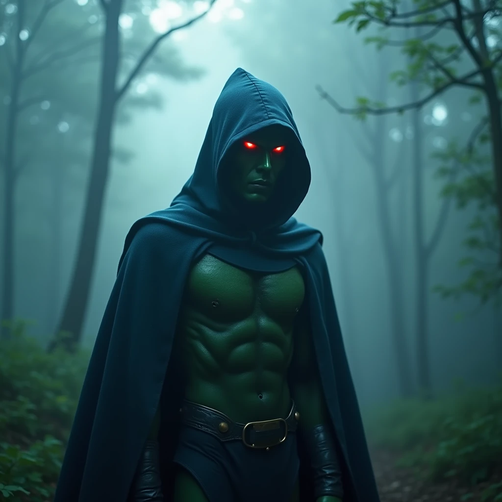 Martian Manhunter covering himself with the blue wool cloak hood, totally red eyes shining, green skin in a foggy forest, late afternoon, cinematic angle, best quality, masterpiece, perfect anatomy, highres, ultra-detailed, 8k, detail, unique, aesthetics, HDR, Photorealistic, Hyperrealistic, Hyperdetailed, analog style, soft lighting, subsurface scattering