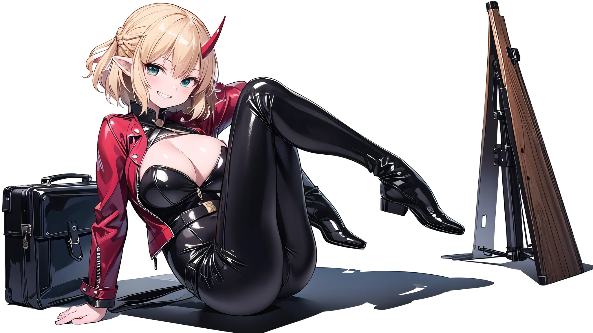 (((high quality))),(((masterpiece))),(((one women))),(((mizuhashi parsee))),(touhou) green eyes, blonde hair, half updo, french braid, pointy ears, bangs,(((1 red horn))),((huge breasts)),(((browne leather jacket))),(((black full bodysuit))),(shiny clothes:1.2),(((grin))),(((full body))),(((arm behind head))),(((sitting))),(((model posing))),(((simple background))),(((white background))),(((Diagonal angle)))