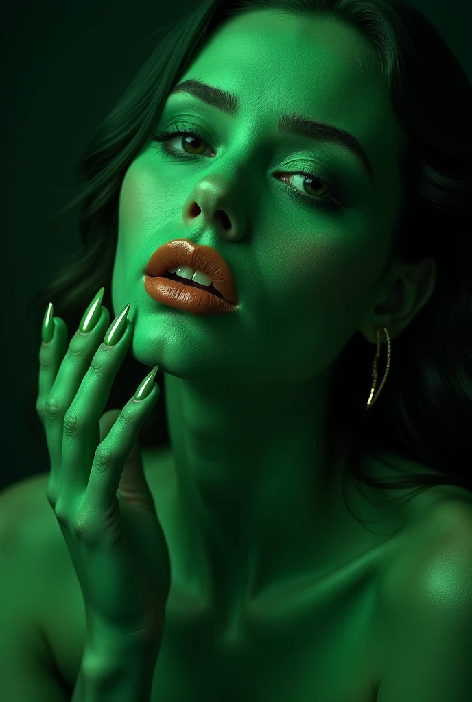 cinematic a pure average fair skinned woman gives herself to the floating dark magic which is magically transforms her into a tempting green skinned wicked youthful enticing witch who have long sharp painted nails ,and then she yell in happiness ,a green skin color begins spreading quickly all over her bare normal fair-skinned tone body which is making her skin tone entirely green ,happy at the end she is a cute green-skinned alluring glam bewitching witch with her colored nails and lipstick