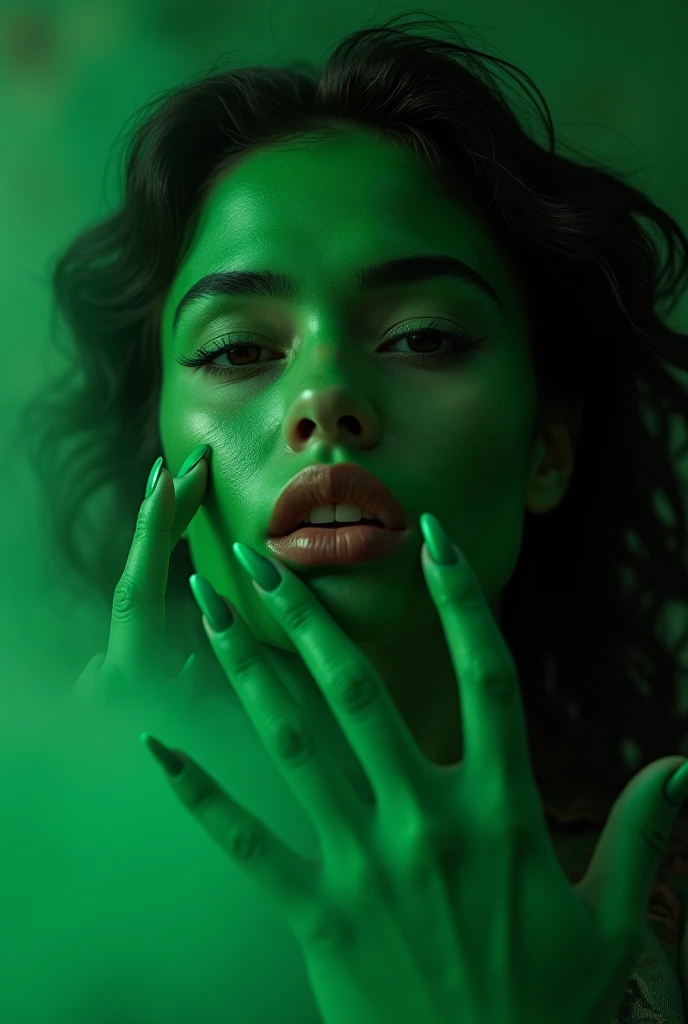 cinematic a pure average fair skinned woman gives herself to the floating dark magic which is magically transforms her into a tempting green skinned wicked youthful enticing witch who have long sharp painted nails ,and then she yell in happiness ,a green skin color begins spreading quickly all over her bare normal fair-skinned tone body which is making her skin tone entirely green ,happy at the end she is a cute green-skinned alluring glam bewitching witch with her colored nails and lipstick