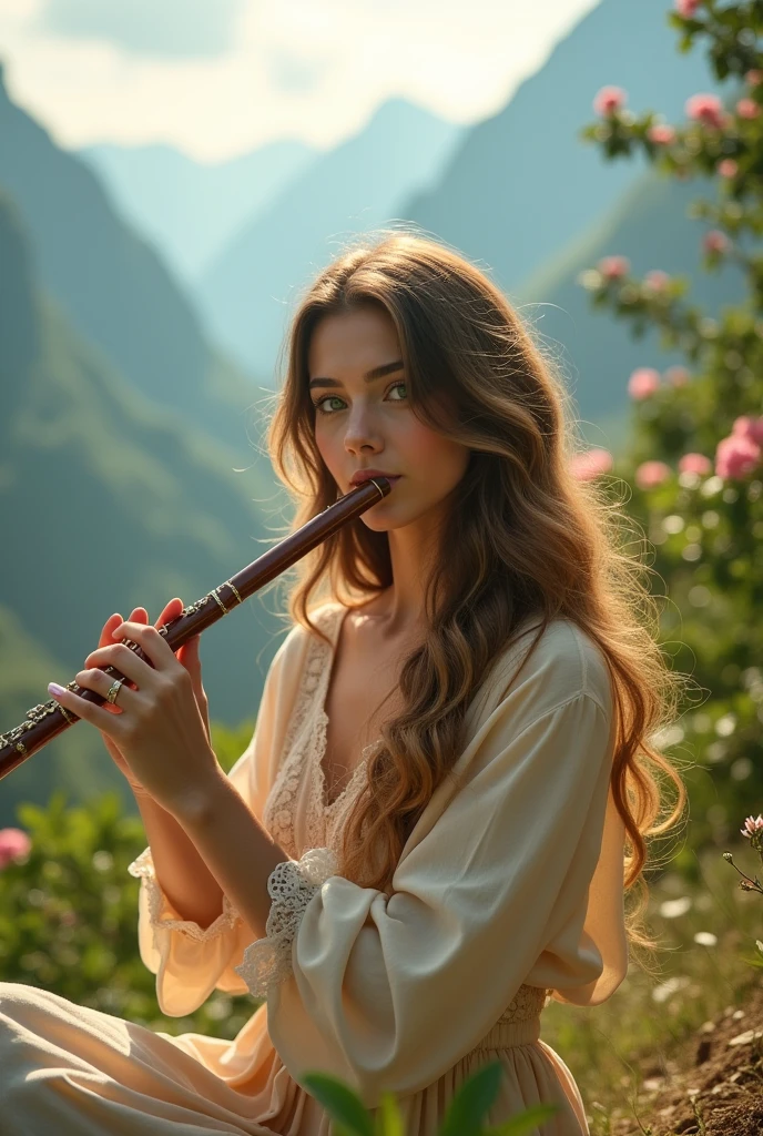 Create an image of a 20 year old woman , turkish fair skin perfect realistic green eyes playing flute, In the enchanting scenery of mountains and beautiful trees with subtle flowers she must be serene and full of inner peace the most beautiful woman of all reflected in her playing a melody of peace and harmony