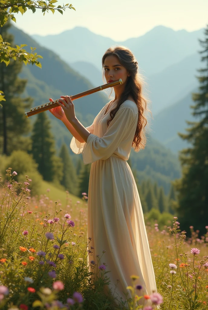 Create an image of a 20 year old woman , turkish fair skin perfect realistic green eyes playing flute,  In the enchanting scenery of mountains and beautiful trees with subtle flowers she must be serene and full of inner peace the most beautiful woman of all reflected in her playing a melody of peace and harmony 