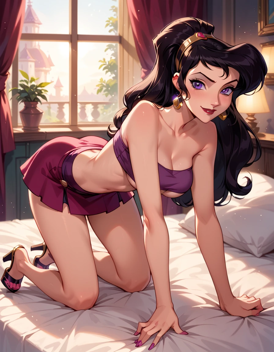 Nani completely naked, nude, ass view looking back , highres, 8k, dramatic lighting,; beautiful detailed eyes, round ass, cameltoe, shiny skin; Slim athletic body, big round ass, wide hips, thick thighs, gyat, black hair; lying on bed, smiling, legs spread apart, spread eagle